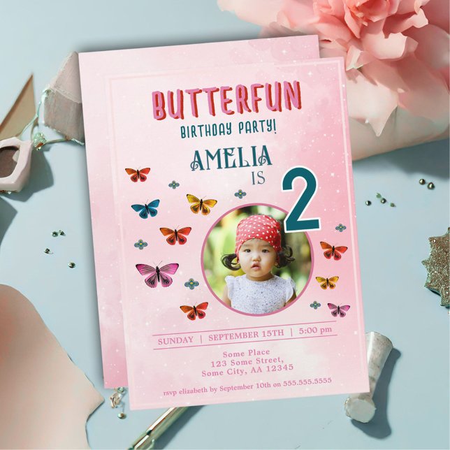 Cute Butterfly Flowers Girl Birthday Party Photo Invitation (Creator Uploaded)