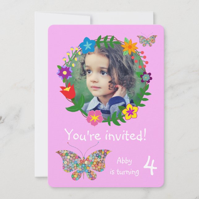 Cute Butterfly Flowers Girls Birthday Party Invitation (Front)