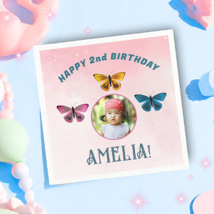 Cute Butterfly Girl Birthday Party Photo Napkin