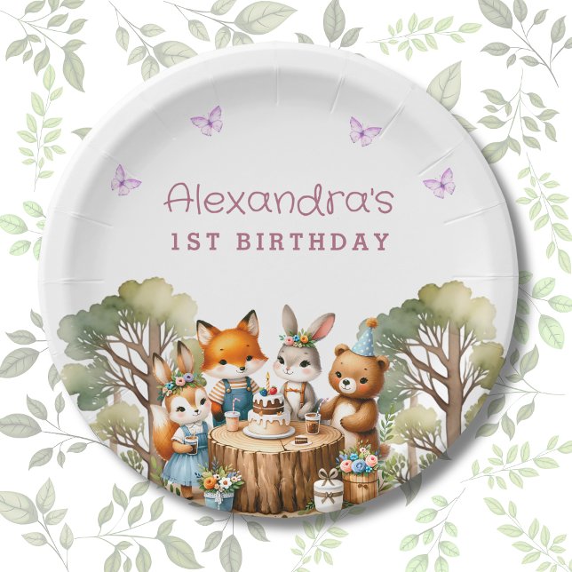 Cute Butterfly Girl Woodland Animals 1st Birthday Paper Plate (Creator Uploaded)