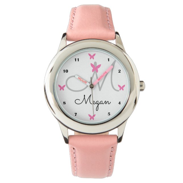 Cute Butterfly Monogram Personalised Custom Name Watch (Front)
