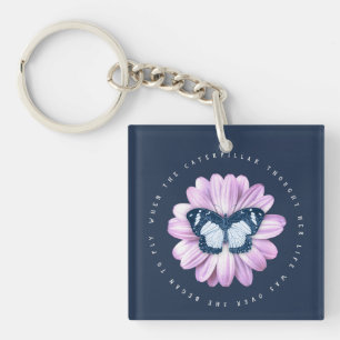 Cute Butterfly on Pink Daisy Inspirational Quote Key Ring