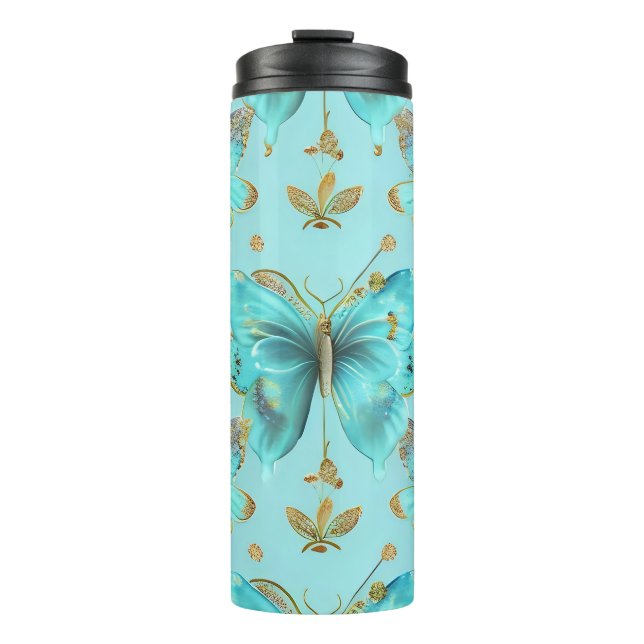 Cute Butterfly Pattern on a Blue Background Thermal Tumbler (Front)