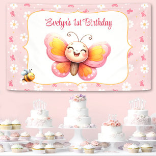 Cute Butterfly Pink Floral Girl 1st Birthday Banner