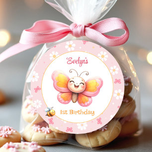 Cute Butterfly Pink Floral Girl 1st Birthday Classic Round Sticker
