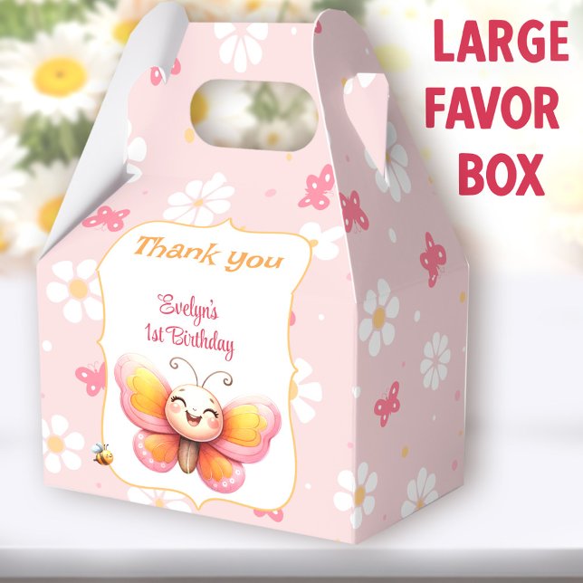 Cute Butterfly Pink Floral Girl 1st Birthday Large Favour Box (Cute Butterfly Large Gable Favor Boxes)