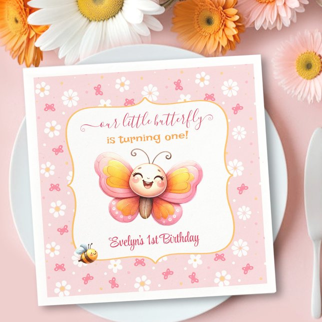 Cute Butterfly Pink Floral Girl 1st Birthday Napkin (Cute Butterfly Pink Floral Girl 1st Birthday Napkins)