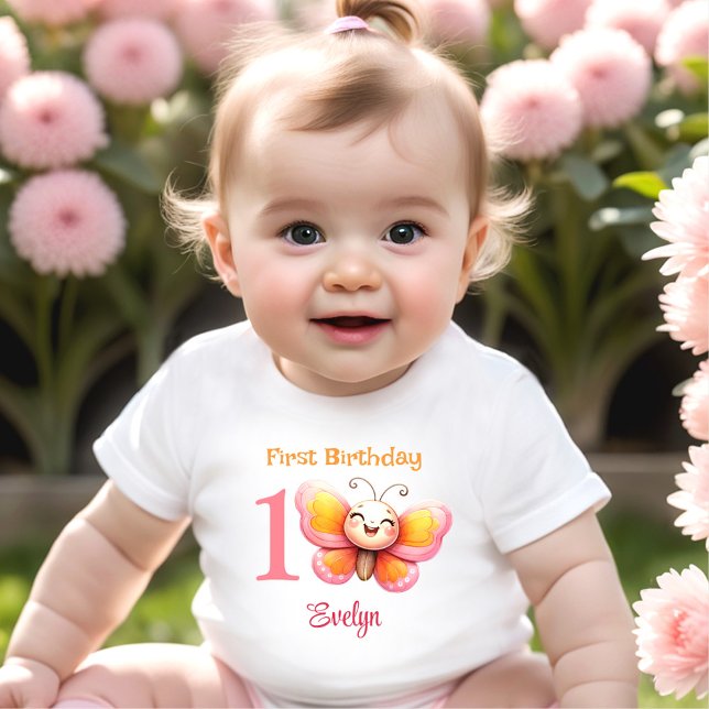 Cute Butterfly Pink Floral Name Girl 1st Birthday Baby T-Shirt (Cute Butterfly Pink Floral Girl 1st Birthday Baby T-Shirt)