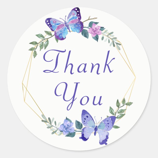 Cute Butterfly Thank You Floral Wreath Wedding Classic Round Sticker (Front)