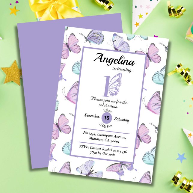 Cute butterfly themed 1st birthday purple & white invitation (Creator Uploaded)