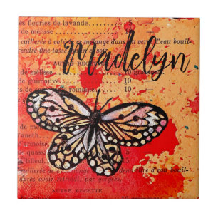 Cute Butterfly Watercolor Vintage Boho Add Name Tile