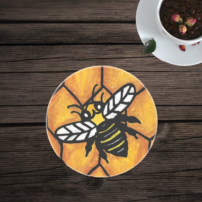 Cute Buzzing Yellow Jacket Bee on Honeycomb Coaster (Black and gold yellow jacket bee on golden honeycomb background on glass drink coaster.)