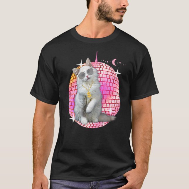 Cute Ca   Cat Disco Retro Techno Dj Cat Party T-Shirt (Front)