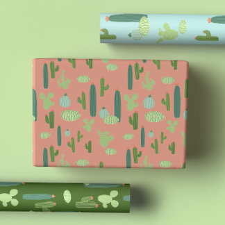 Cute Cacti in Peach, Green, Blue Wrapping Paper Sheet