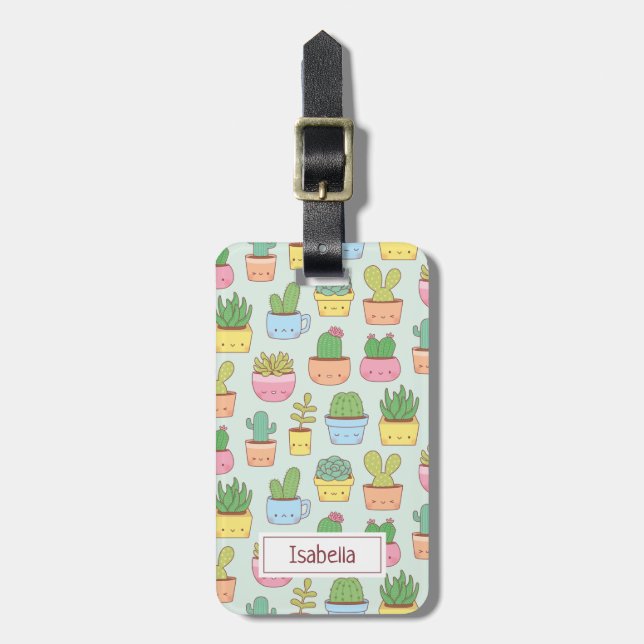 Cute Cacti Succulents Plants Pattern Personalised Luggage Tag (Front Vertical)
