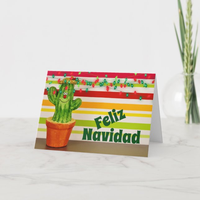 Cute Cactus and Festive Lights Feliz Navidad  Holiday Card (Front)