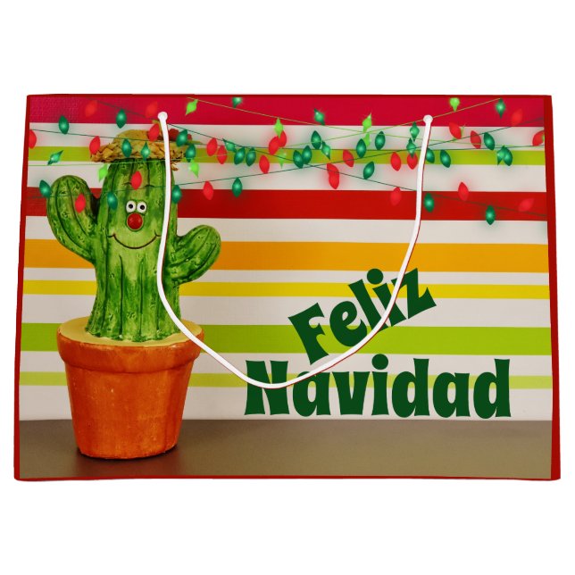 Cute Cactus and Holiday Lights Feliz Navidad Large Gift Bag (Front)