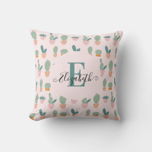 Cute Cactus Cacti Succulent Pink Greenery Monogram Cushion