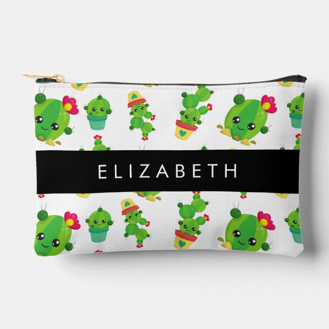 Cute Cactus, Cactus Pattern, Succulent, Your Name Accessory Pouch (Front)