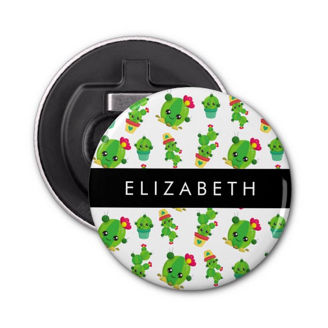 Cute Cactus, Cactus Pattern, Succulent, Your Name Bottle Opener (Front)