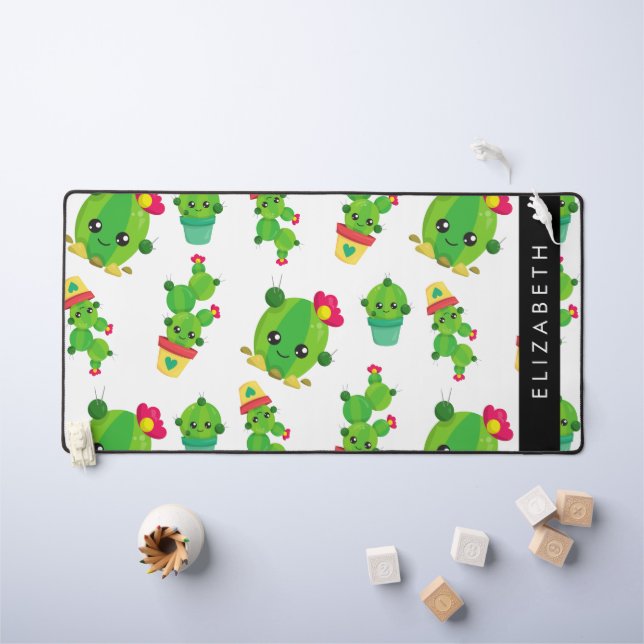 Cute Cactus, Cactus Pattern, Succulent, Your Name Desk Mat (Kids Table)