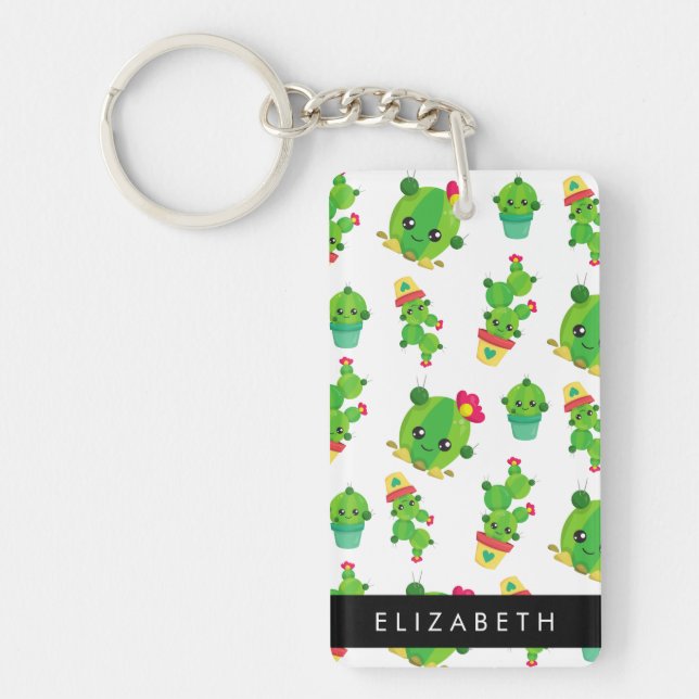 Cute Cactus, Cactus Pattern, Succulent, Your Name Key Ring (Front)