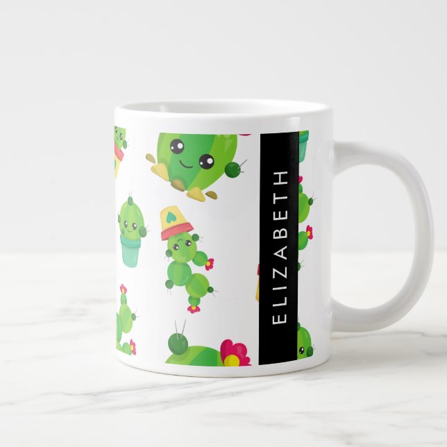 Cute Cactus, Cactus Pattern, Succulent, Your Name Large Coffee Mug (Right)