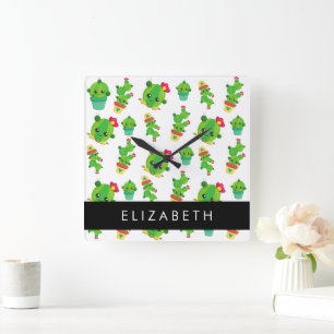 Cute Cactus, Cactus Pattern, Succulent, Your Name Square Wall Clock