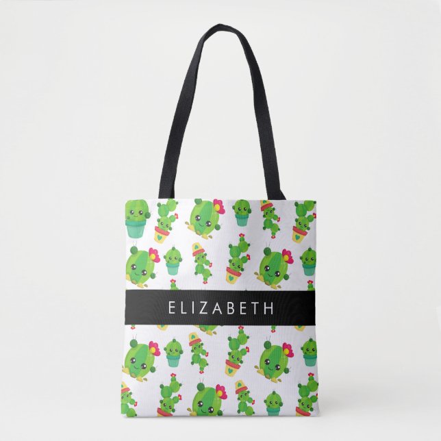 Cute Cactus, Cactus Pattern, Succulent, Your Name Tote Bag (Front)