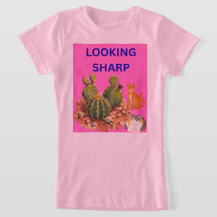 Cute Cactus Cat Botanical Illustration Graphic T-Shirt
