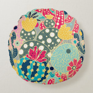 Cute cactus. Colourful seamless pattern. Round Cushion