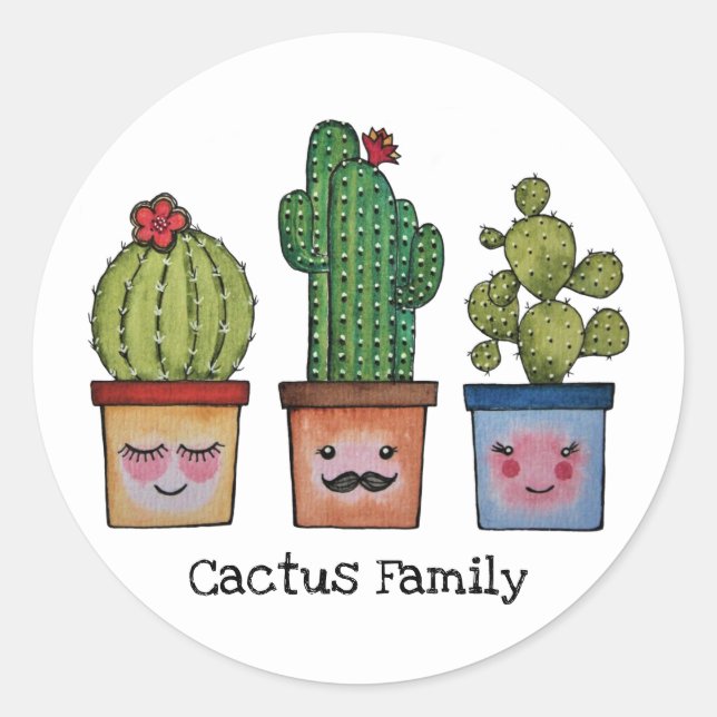 Cute Cactus Family In Watercolor Classic Round Sticker (Front)