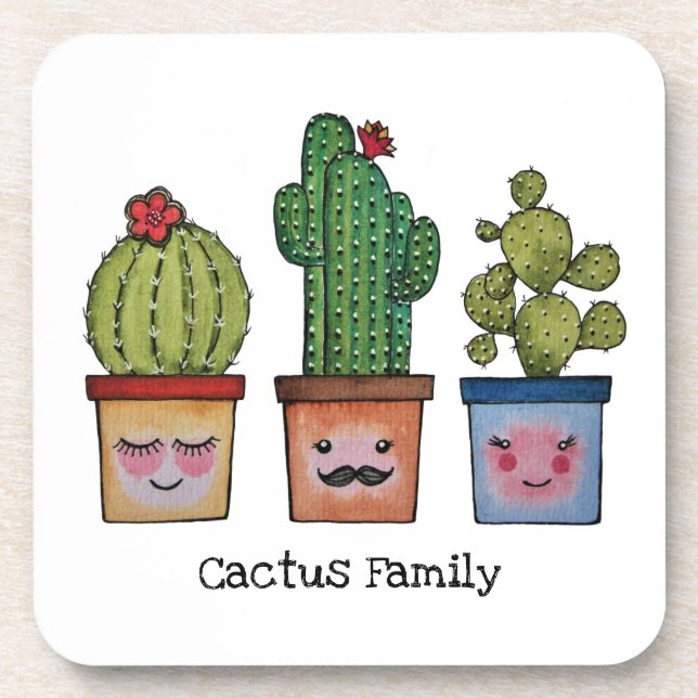 Cute Cactus Family In Watercolor Coaster (Front)