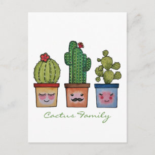 Cute Cactus Family In Watercolor Postcard