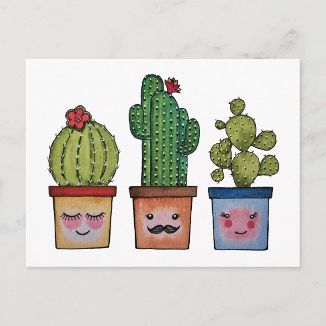 Cute Cactus Family In Watercolor Postcard (Front)