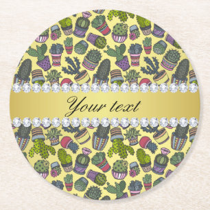 Cute Cactus Faux Gold Foil Bling Diamonds Round Paper Coaster