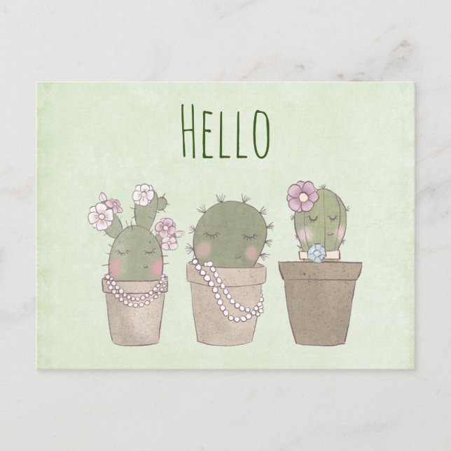Cute Cactus Girls Wearing Jewellery -  Hello Postcard (Front)
