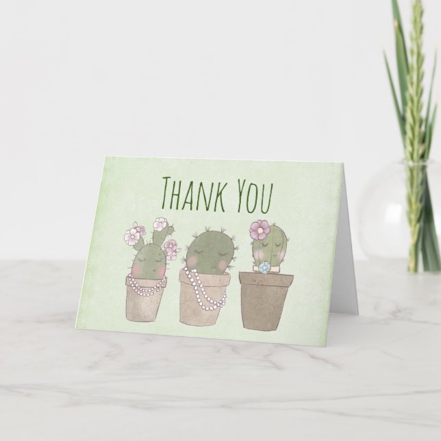 Cute Cactus Girls Wearing Jewellery Thank You Card (Front)