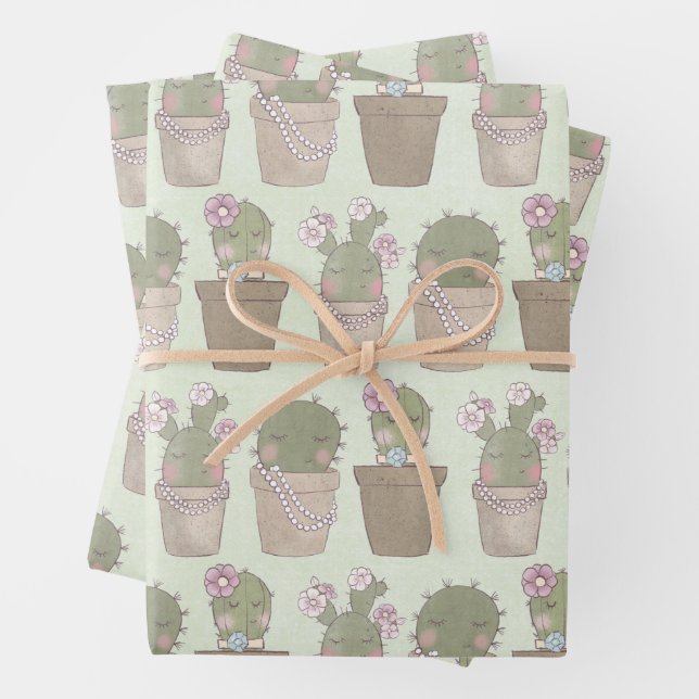 Cute Cactus Girls Wearing Jewellery Wrapping Paper Sheet (In situ)