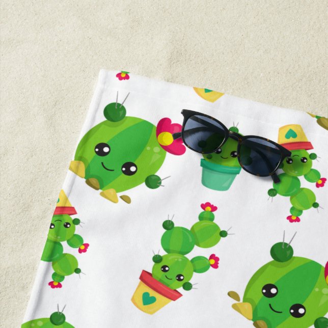 Cute Cactus, Green Cactus, Cactus Pattern Beach Towel (In Situ)