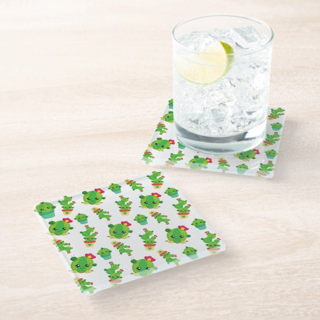Cute Cactus, Green Cactus, Cactus Pattern Glass Coaster (Angled)