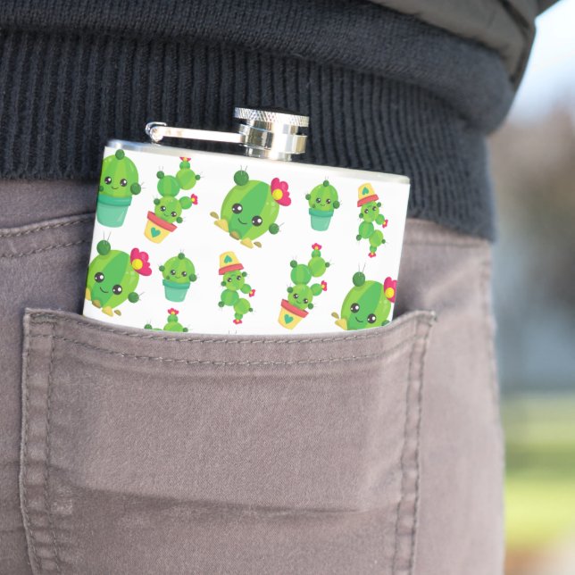 Cute Cactus, Green Cactus, Cactus Pattern Hip Flask (In Situ)