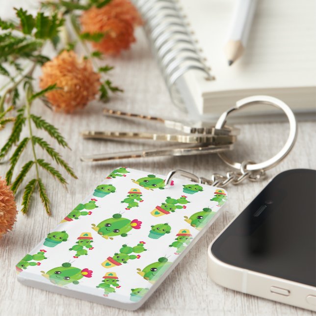 Cute Cactus, Green Cactus, Cactus Pattern Key Ring (Front Right)