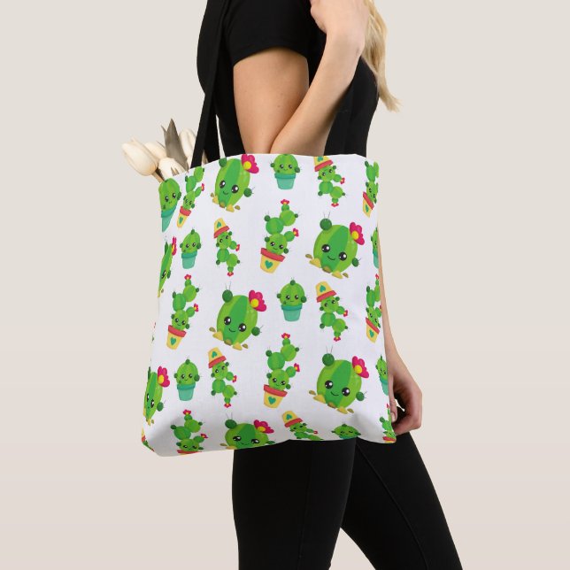 Cute Cactus, Green Cactus, Cactus Pattern Tote Bag (Close Up)