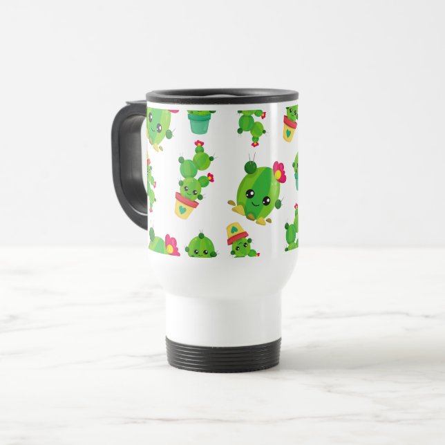 Cute Cactus, Green Cactus, Cactus Pattern Travel Mug (Front Left)