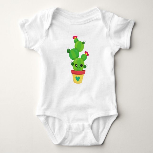 Cute Cactus, Green Cactus, Kawaii Cactus, Flowers Baby Bodysuit (Front)