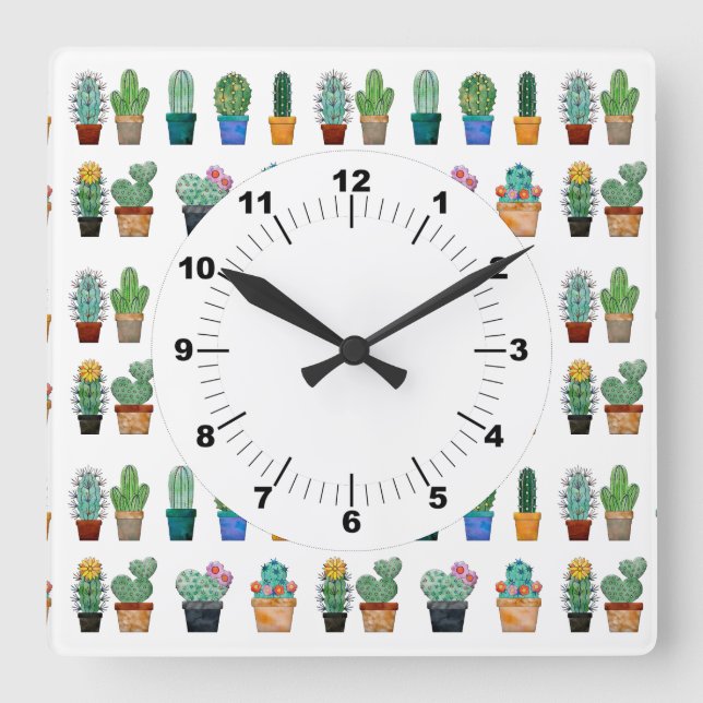Cute Cactus Greenery Flower Nature Square Wall Clock (Front)