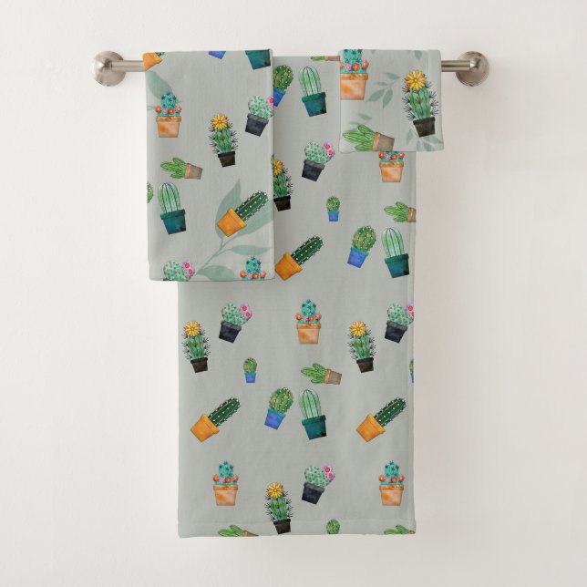 Cute Cactus Greenery Flower Pattern Bath Towel Set (Insitu)