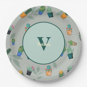 Cute Cactus Greenery Flower Pattern Paper Plate