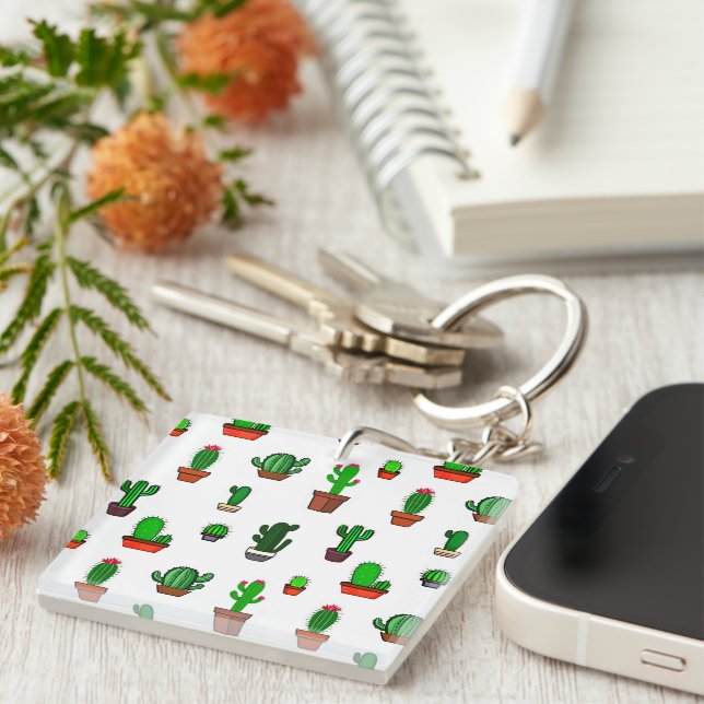 Cute Cactus illustrations Pattern White Key Ring (Front Right)